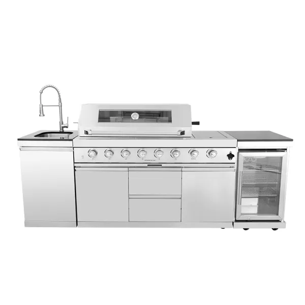 2448×576×900mm SS BBQ Outdoor Kitchen Cabinet Set With 6+1 Burner Grill,Single Door Sink Cabinet,Single Door Refrigerator Cabinet