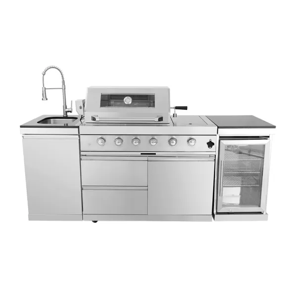 2155×576×900mm SS BBQ Outdoor Kitchen Cabinet Set With 4+1 Burner Grill,Single Door Sink Cabinet,Single Door Refrigerator Cabinet