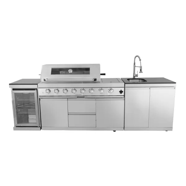2790×576×900mm SS BBQ Outdoor Kitchen Cabinet Set With 6+1 Burner Grill,Double Door Sink Cabinet,Single Door Refrigerator Cabinet