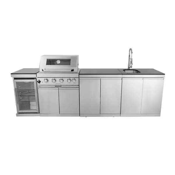 2964×576×900mm SS BBQ Outdoor Kitchen Cabinet Set With 4 Burner Grill,Double Door Sink Cabinet,Single Door Refrigerator Cabinet,Double Door Storage Cabinet