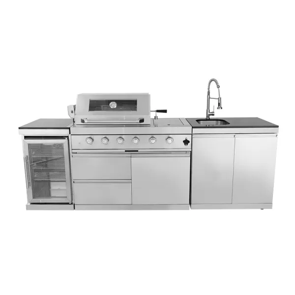 2497×576×900mm SS BBQ Outdoor Kitchen Cabinet Set With 4+1 Burner Grill,Double Door Sink Cabinet,Single Door Refrigerator Cabinet