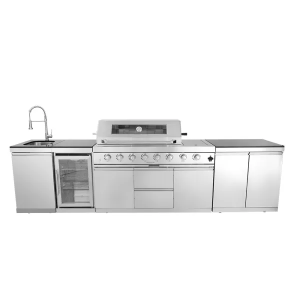 3280×576×900mm SS BBQ Outdoor Kitchen Cabinet Set With 6+1 Burner Grill,Single Door Sink Cabinet,Single Door Refrigerator Cabinet,Double Door Storage Cabinet