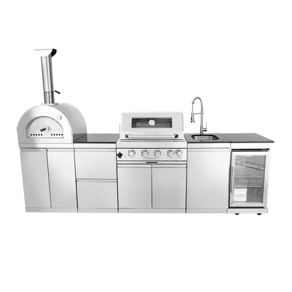 2922×576×900mm SS BBQ Outdoor Kitchen Cabinet Set With 4 Burner Grill,Single Door Sink Cabinet,Single Door Refrigerator Cabinet,Two Drawer Storage Cabinet,Large Pizza Oven Cabinet