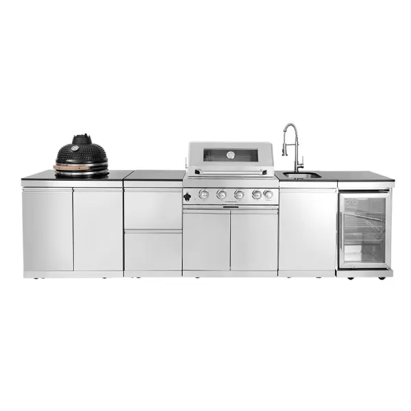 3112×576×900mm SS BBQ Outdoor Kitchen Cabinet Set With 4 Burner Grill,Single Door Sink Cabinet,Single Door Refrigerator Cabinet,Two Drawer Storage Cabinet,Cabinet Ceramic Kamado Egg BBQ Grill