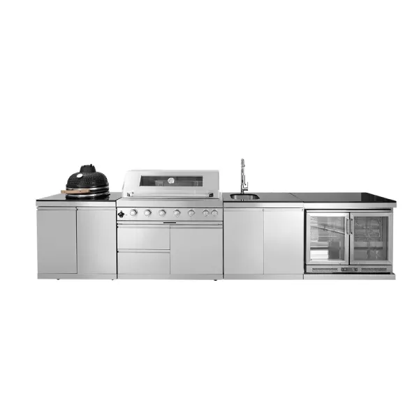 3728×576×900mm SS BBQ Outdoor Kitchen Cabinet Set With 6 Burner Grill,Double Door Sink Cabinet,Double Door Refrigerator Cabinet,Cabinet Ceramic Kamado Egg BBQ Grill