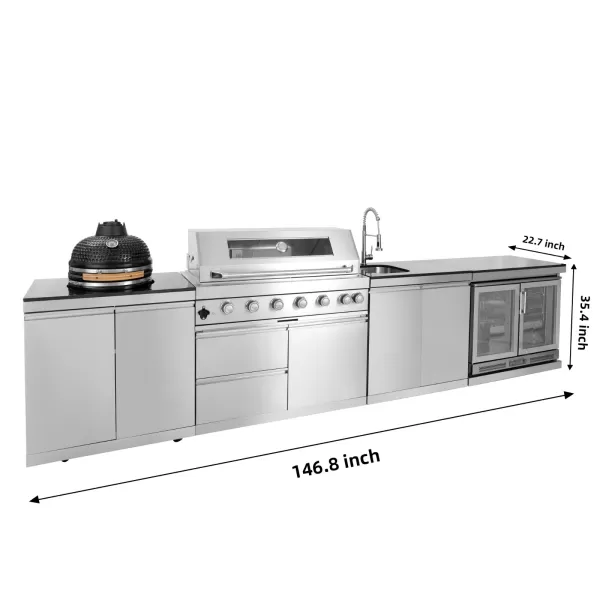3728×576×900mm SS BBQ Outdoor Kitchen Cabinet Set With 6 Burner Grill,Double Door Sink Cabinet,Double Door Refrigerator Cabinet,Cabinet Ceramic Kamado Egg BBQ Grill - SC-P306-1A