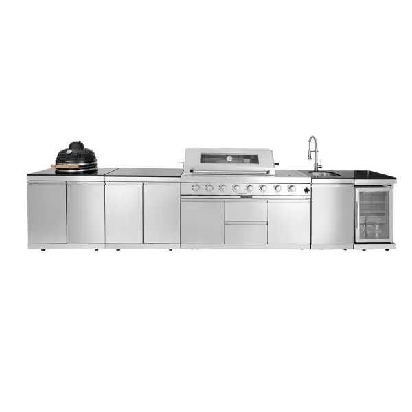 4112×576×900mm SS BBQ Outdoor Kitchen Cabinet Set With 6+1 Burner Grill,Single Door Sink Cabinet,Single Door Refrigerator Cabinet,Double Door Storage Cabinet,Cabinet Ceramic Kamado Egg BBQ Grill