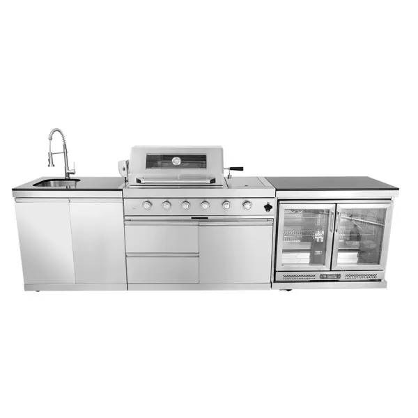 2969×576×900mm SS BBQ Outdoor Kitchen Cabinet Set With 4+1 Burner Grill,Double Door Sink Cabinet,Double Door Refrigerator Cabinet