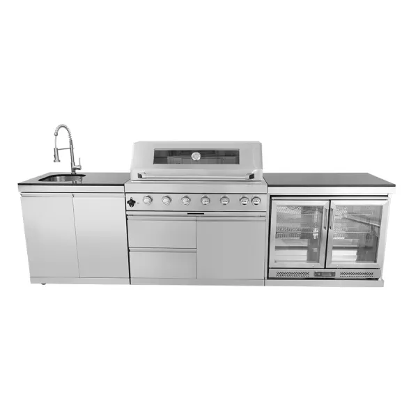 2896×576×900mm SS BBQ Outdoor Kitchen Cabinet Set With 6 Burner Grill,Double Door Sink Cabinet,Double Door Refrigerator Cabinet