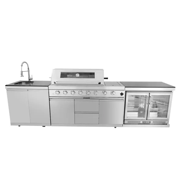 3262×576×900mm SS BBQ Outdoor Kitchen Cabinet Set With 6+1 Burner Grill,Double Door Sink Cabinet,Double Door Refrigerator Cabinet