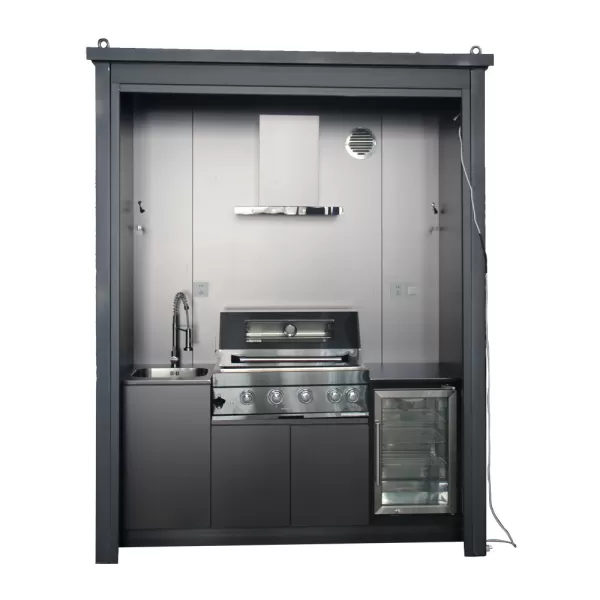 1925×990×2500mm Electric Roller Shutter Door Closable Shed For BBQ Outdoor Kitchen Cabinet Set With 4 Burner Grill,Single Door Sink Cabinet,Single Door Refrigerator Cabinet