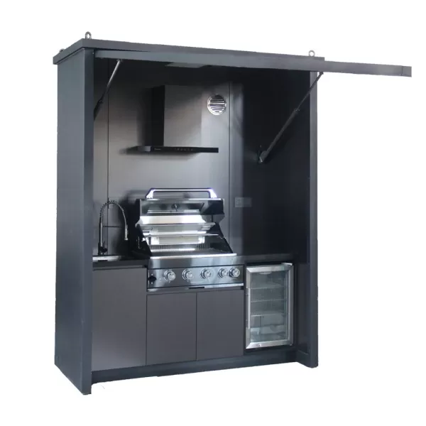 1925×990×2500mm Electric Upward-Flipping Door Closable Shed For BBQ Outdoor Kitchen Cabinet Set With 4 Burner Grill,Single Door Sink Cabinet,Single Door Refrigerator Cabinet