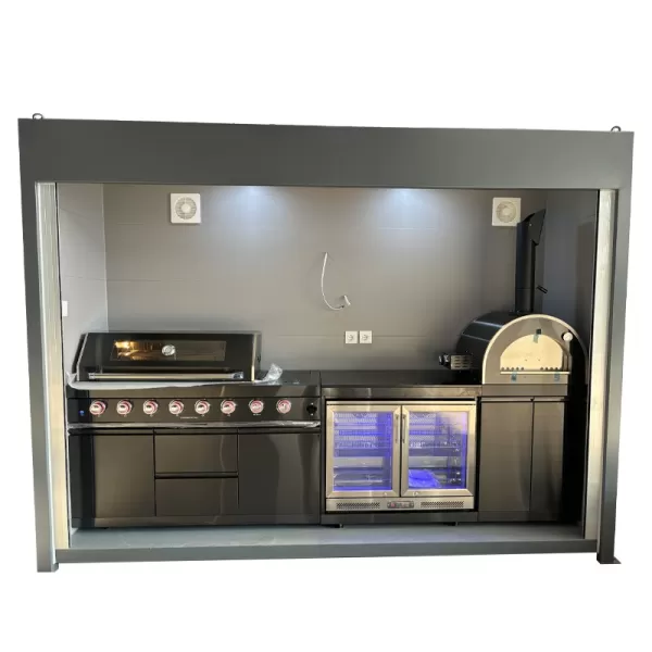 3276×900×2300mm Electric Roller Shutter Door Closable Shed For BBQ Outdoor Kitchen Cabinet Set With 6+1 Burner Grill,Double Door Refrigerator Cabinet,Big Size Pizza Oven