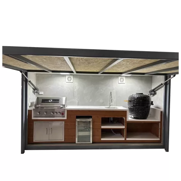 3800×900×2220mm Electric Upward-Flipping Door Closable Shed For BBQ Outdoor Kitchen Cabinet Set With 4 Burner Grill,Sink Cabinet,Single Door Refrigerator Cabinet,Kamado Grill