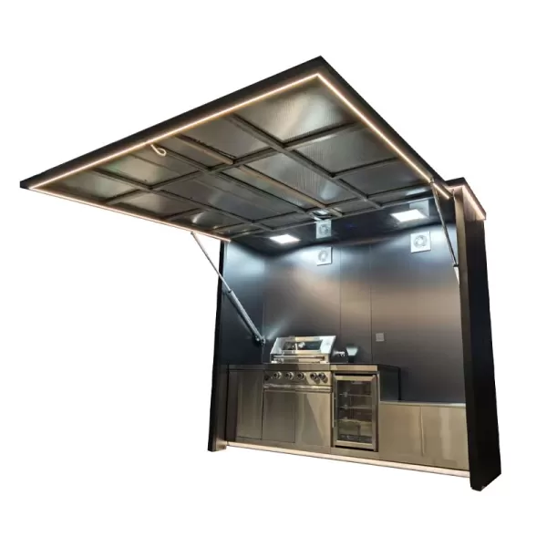 2800×1000×2500mm Electric Upward-Flipping Door Closable Shed For BBQ Outdoor Kitchen Cabinet Set With 4 Burner Grill,Single Door Sink Cabinet,Single Door Refrigerator Cabinet