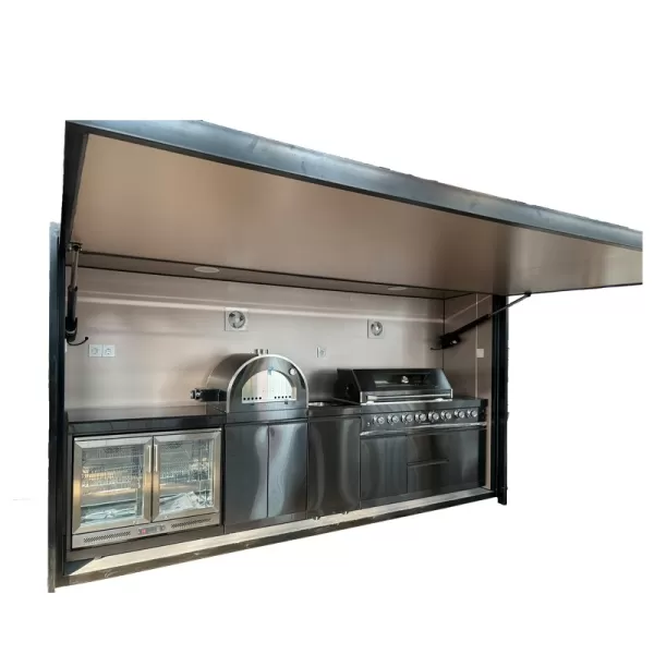 3782×900×2100mm Electric Upward-Flipping Door Closable Shed For BBQ Outdoor Kitchen Cabinet Set With 6+1 Burner Grill,Single Door Sink Cabinet,Double Door Refrigerator Cabinet,Big Size Pizza Oven