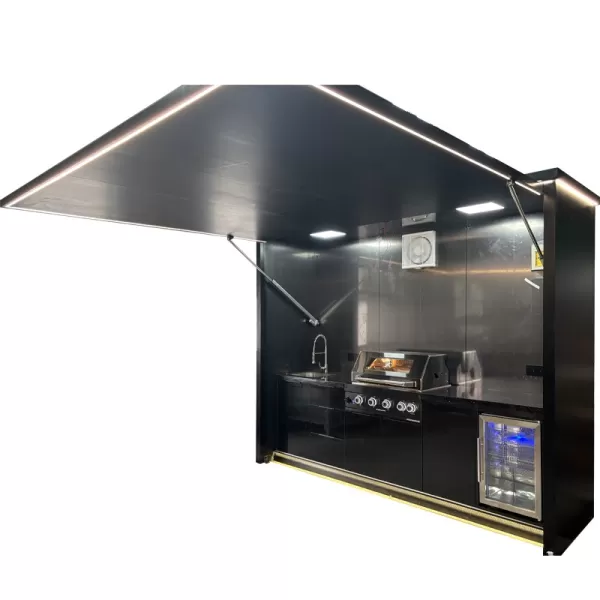 3000×1000×2500mm Electric Upward-Flipping Door Closable Shed For BBQ Outdoor Kitchen Cabinet Set With 4 Burner Grill,Sink Cabinet,Single Door Refrigerator Cabinet