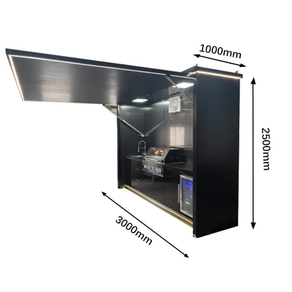 3000×1000×2500mm Electric Upward-Flipping Door Closable Shed For BBQ Outdoor Kitchen Cabinet Set With 4 Burner Grill,Sink Cabinet,Single Door Refrigerator Cabinet - HS-01XLS300