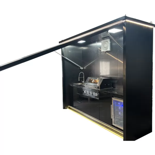 3000×1000×2500mm Electric Upward-Flipping Door Closable Shed For BBQ Outdoor Kitchen Cabinet Set With 4 Burner Grill,Sink Cabinet,Single Door Refrigerator Cabinet - HS-01XLS300