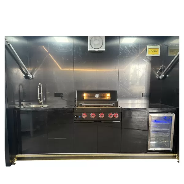 3000×1000×2500mm Electric Upward-Flipping Door Closable Shed For BBQ Outdoor Kitchen Cabinet Set With 4 Burner Grill,Sink Cabinet,Single Door Refrigerator Cabinet - HS-01XLS300