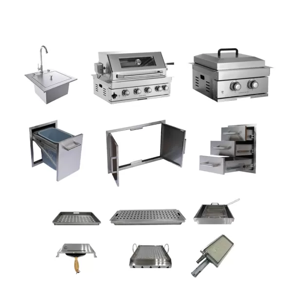 304 Stainless Steel 4 Burner BBQ Grill,15 Inch Sink,Double Infrared Rear Bunrer Grill,Double Door Frame,Triple Drawer Box,Pull-out Waste Bin Combo,Six Accessories