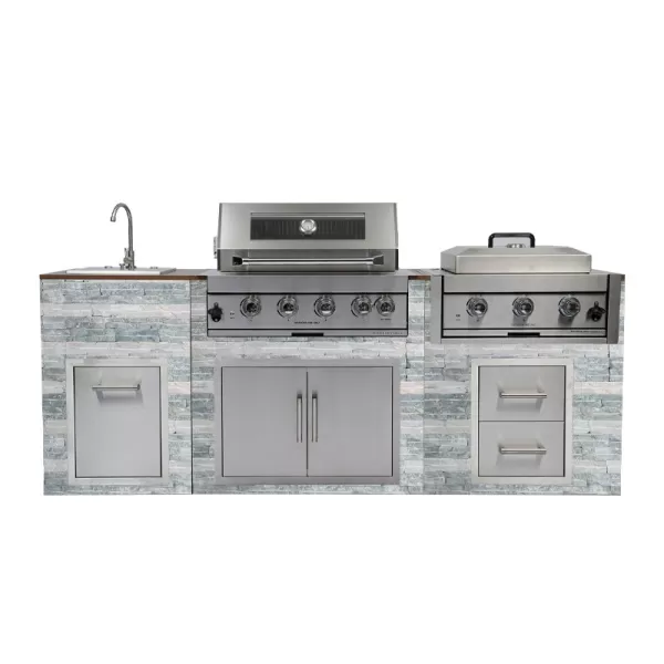 Custom Stone BBQ Outdoor Kitchen Cabinet Set With 4 Burner Grill,Power Side Burner,Sink,Trash Drawer,Drawer,Door