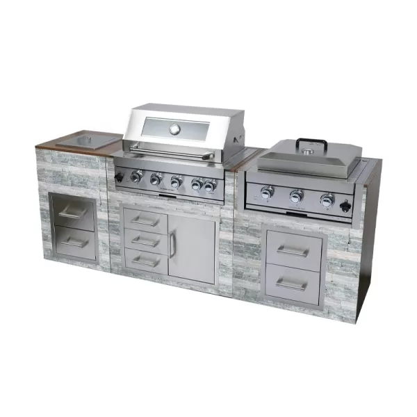 Custom Stone BBQ Outdoor Kitchen Cabinet Set With 4 Burner Grill,Power Side Burner,Ice Bin,Paper Towel Holder,Drawer,Door