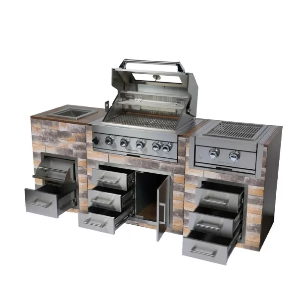 Custom Stone BBQ Outdoor Kitchen Cabinet Set With 4 Burner Grill,Double Infrared Rear Bunrer Grill,Ice Bin,Paper Towel Holder,Drawer,Door