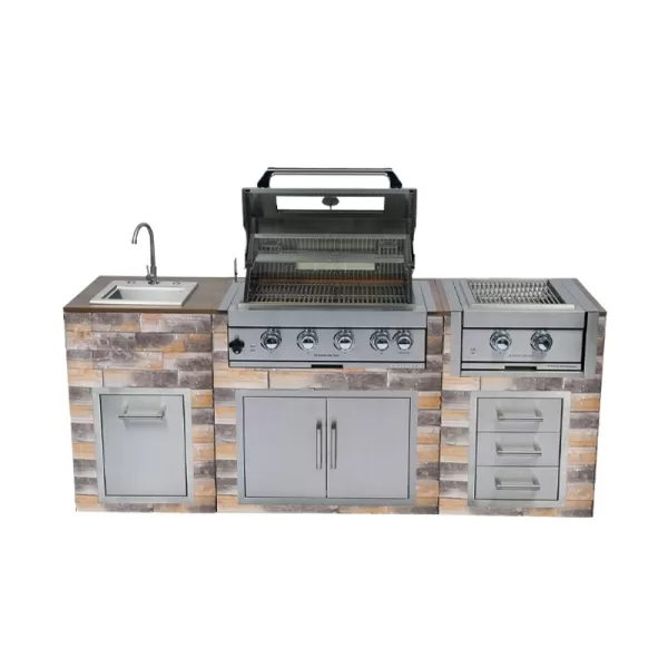 Custom Stone BBQ Outdoor Kitchen Cabinet Set With 4 Burner Grill,Double Infrared Rear Bunrer Grill,Sink,Pull-out Waste Bin,Drawer,Door
