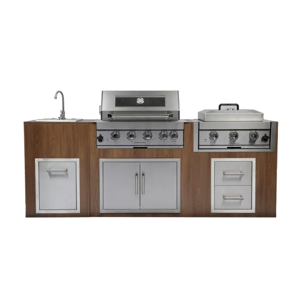 Custom Wood BBQ Outdoor Kitchen Cabinet Set With 4 Burner Grill,Power Side Burner,Sink,Trash Drawer,Drawer,Door