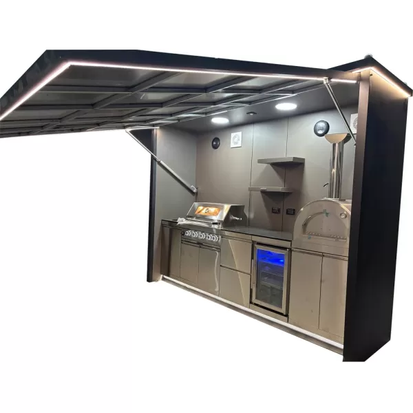 3150×1000×2500mm Smart Wireless Phone APP Control Shed For BBQ Outdoor Kitchen Cabinet Set With 4 Burner Grill,Single Door Sink Refrigerator Cabinet,Large Pizza Oven Cabinet,Loud Speaker