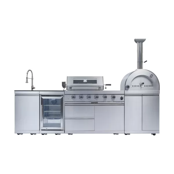2840×576×900mm SS BBQ Outdoor Kitchen Cabinet Set With 4+1 Burner Grill,Single Door Sink Cabinet,Single Door Fridge Cabinet,Large Pizza Oven Cabinet