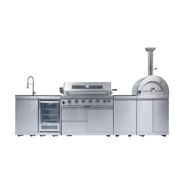 3257×576×900mm SS BBQ Outdoor Kitchen Cabinet Set With 6 Burner Grill,Single Door Sink Cabinet,Single Door Fridge Cabinet,Large Pizza Oven Cabinet,Single Door Storage Cabinet