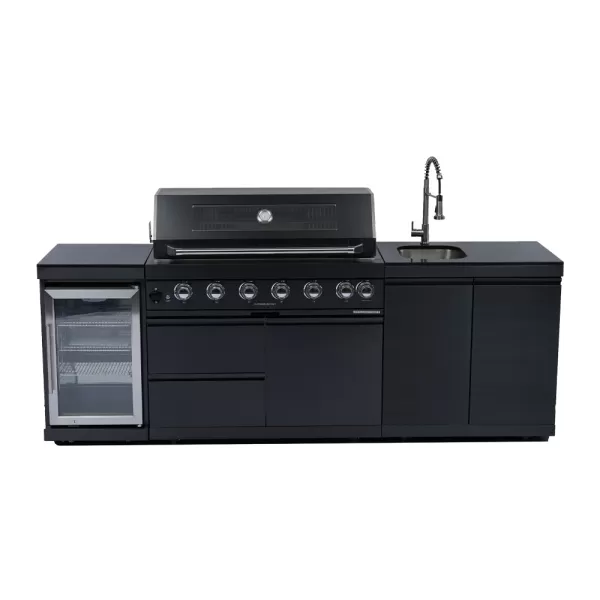 2424×576×900mm Black SS BBQ Outdoor Kitchen Cabinet Set With 6 Burner Grill,Double Door Sink Cabinet,Single Door Refrigerator Cabinet