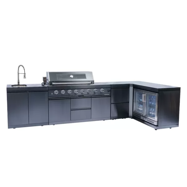 L Shape Black SS BBQ Outdoor Kitchen Cabinet Set With 6+1 Burner Grill,Double Door Sink Cabinet,Double Door Refrigerator Cabinet,Two Drawer Storage Cabinet,Corner Cabinet