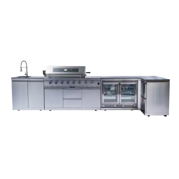 L Shape SS BBQ Outdoor Kitchen Cabinet Set With 6+1 Burner Grill,Double Door Sink Cabinet,Double Door Refrigerator Cabinet,Two Drawer Storage Cabinet,Corner Cabinet