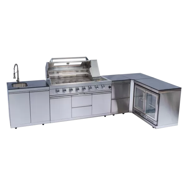 L Shape SS BBQ Outdoor Kitchen Cabinet Set With 6+1 Burner Grill,Double Door Sink Cabinet,Double Door Refrigerator Cabinet,Two Drawer Storage Cabinet