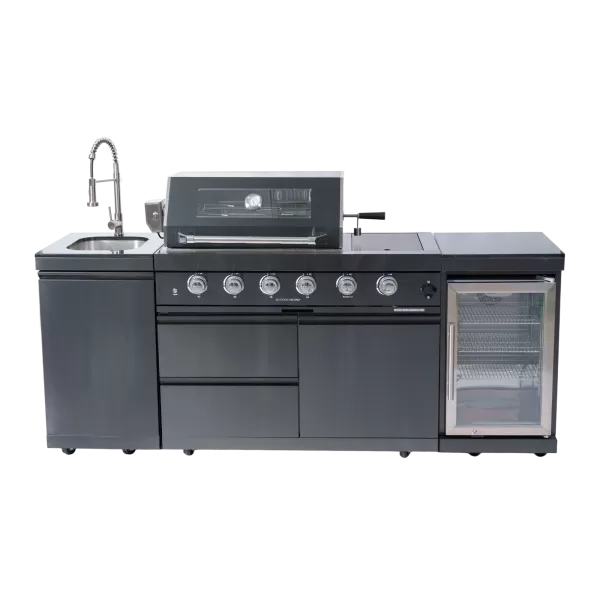 2155×576×900mm Black SS BBQ Outdoor Kitchen Cabinet Set With 4+1 Burner Grill,Single Door Sink Cabinet,Single Door Refrigerator Cabinet