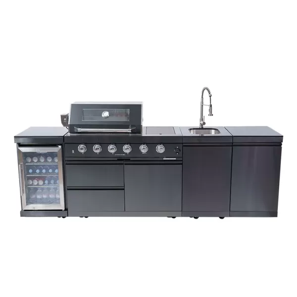 2645×576×900mm Black SS BBQ Outdoor Kitchen Cabinet Set With 4+1 Burner Grill,Single Door Sink Cabinet,Single Door Refrigerator Cabinet,Single Door Storage Cabinet