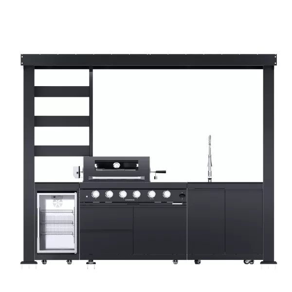 2812×722×2302mm Black 304 Stainless steel Shed For BBQ Outdoor Kitchen Cabinet Set With 4+1 Burner Grill,Double Door Sink Cabinet,Single Door Fridge Cabinet