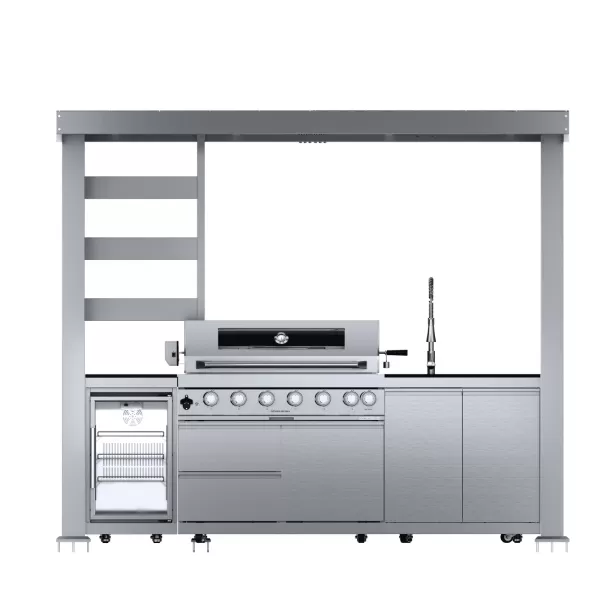 2738×721×2302mm 304 Stainless steel Shed For BBQ Outdoor Kitchen Cabinet Set With 6 Burner Grill,Double Door Sink Cabinet,Single Door Fridge Cabinet