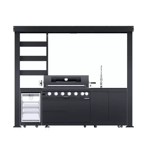2738×721×2302mm Black 304 Stainless steel Shed For BBQ Outdoor Kitchen Cabinet Set With 6 Burner Grill,Double Door Sink Cabinet,Single Door Fridge Cabinet