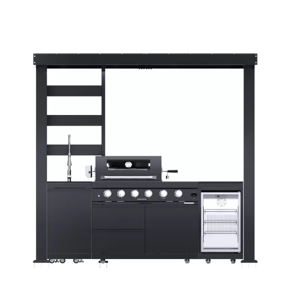 2468×721×2302mm Black 304 Stainless steel Shed For BBQ Outdoor Kitchen Cabinet Set With 4+1 Burner Grill,Single Door Sink Cabinet,Single Door Fridge Cabinet