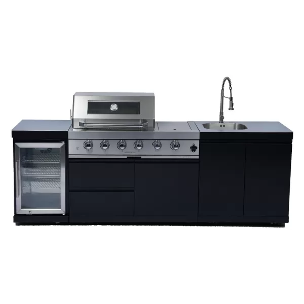 2497×576×900mm Powder-Coated Stainless Steel Countertop BBQ Outdoor Kitchen Cabinet Set With 4+1 Burner Grill,Double Door Sink Cabinet,Single Door Refrigerator Cabinet