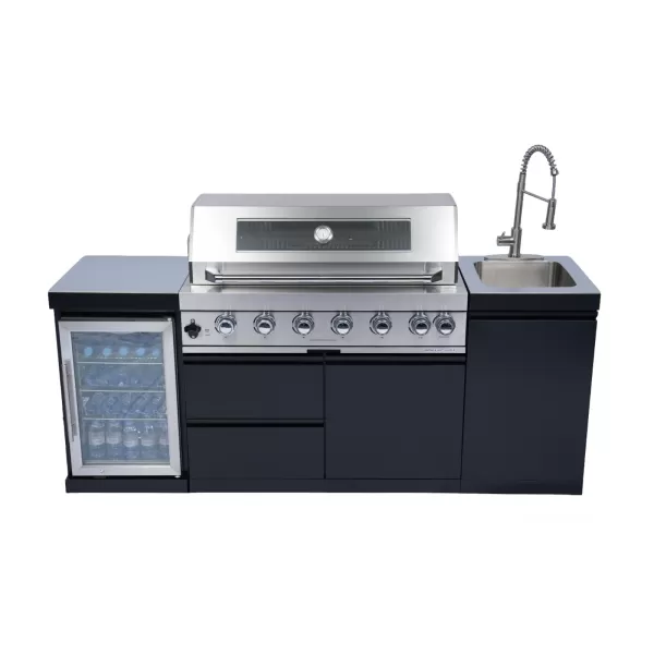 2082×576×900mm Powder-Coated Stainless Steel Countertop BBQ Outdoor Kitchen Cabinet Set With 6 Burner Grill,Single Door Sink Cabinet,Single Door Refrigerator Cabinet