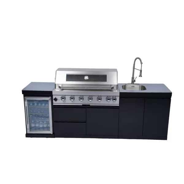 2424×576×900mm Powder-Coated Stainless Steel Countertop BBQ Outdoor Kitchen Cabinet Set With 6 Burner Grill,Double Door Sink Cabinet,Single Door Refrigerator Cabinet