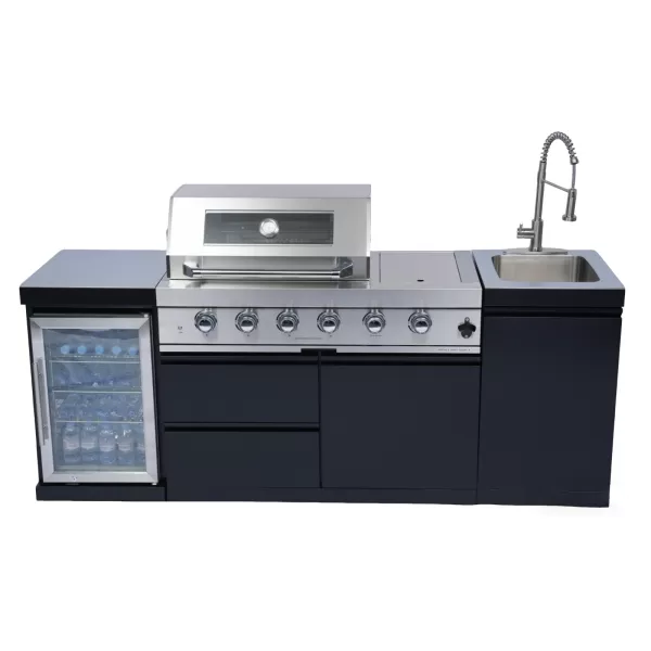 2155×576×900mm Powder-Coated Stainless Steel Countertop BBQ Outdoor Kitchen Cabinet Set With 4+1 Burner Grill,Single Door Sink Cabinet,Single Door Refrigerator Cabinet