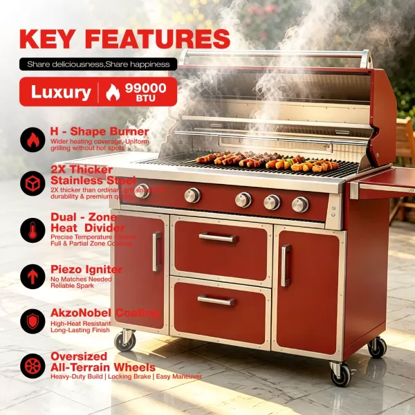 49.3×49×26.1inch High-end Red BBQ 4 Burner Stainless Steel Grill - SK-4B05-RD