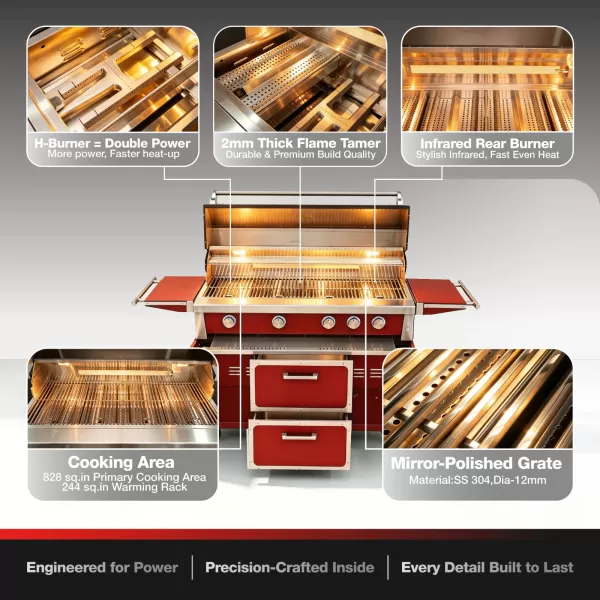 49.3×49×26.1inch High-end Red BBQ 4 Burner Stainless Steel Grill - SK-4B05-RD